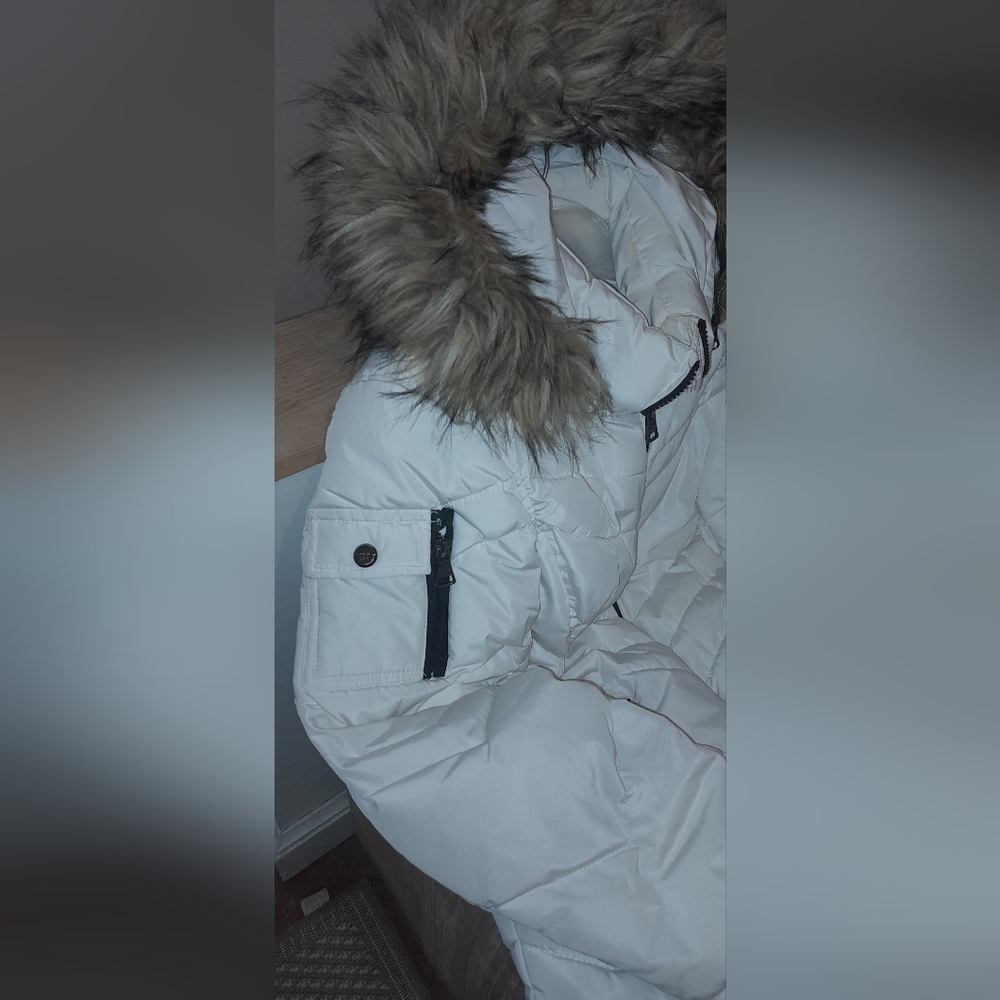 Madden Girl Hooded White Puffer Coat Jacket Parka Faux Fur Trim Hood Sz M Medium - Picture 5 of 16